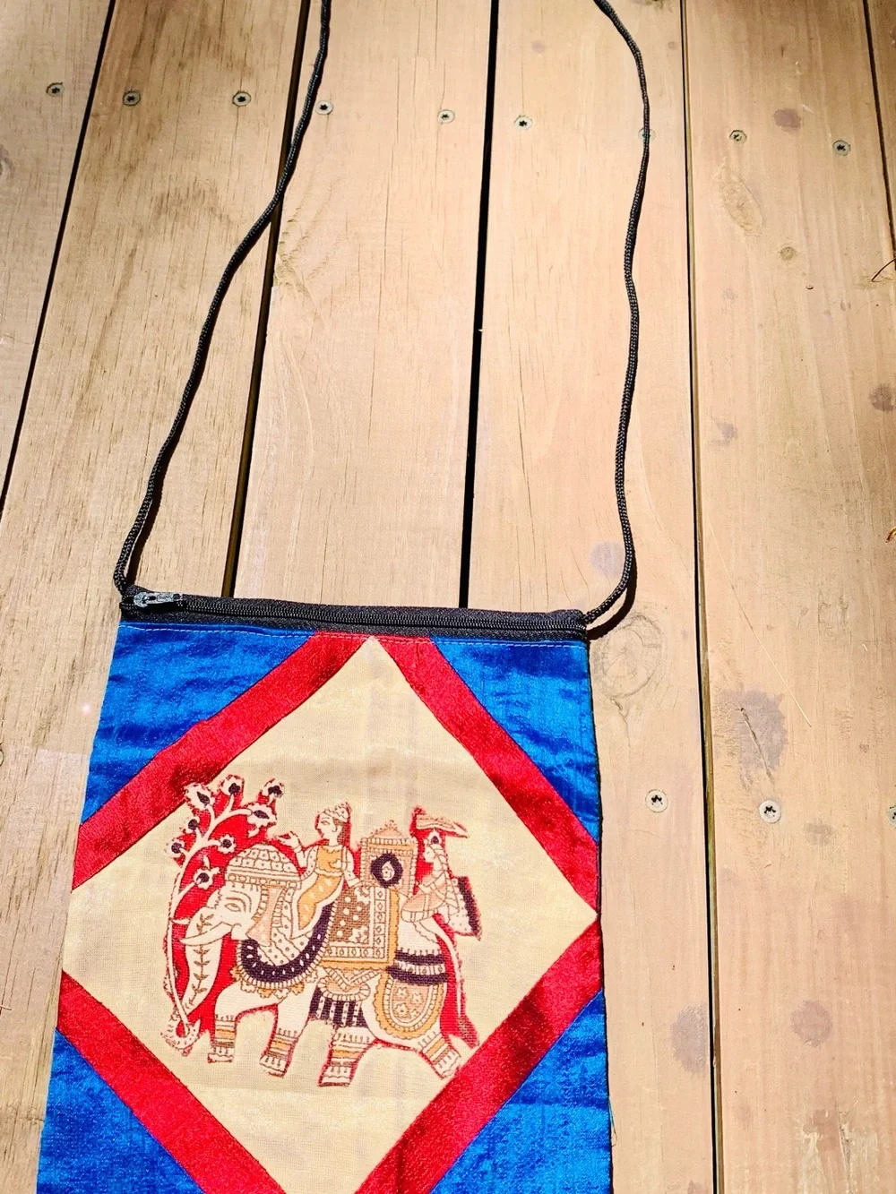 Silk Embroidered Elephant Crossbody bag in Blue, Red & Cream